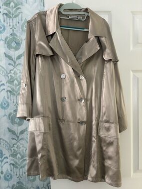 Chico's Metallic Taupe Double-Breasted Trench Jacket 💯% silk size Size 3 or XL
